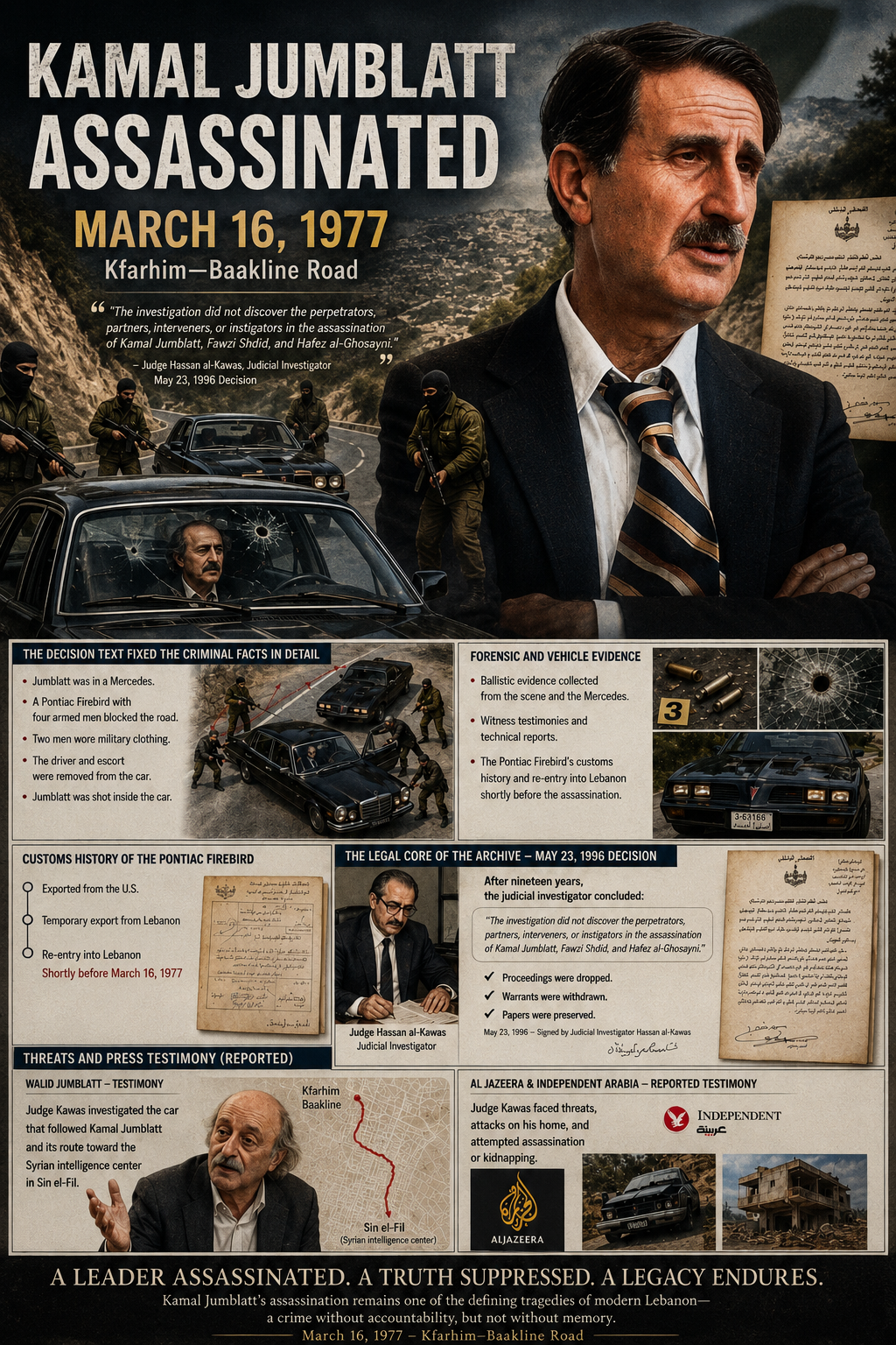 لوحة معلومات عن اغتيال كمال جنبلاط في 16 آذار 1977 وقرار حسن القواس عام 1996 وأدلة المركبات والشهادات اللاحقة