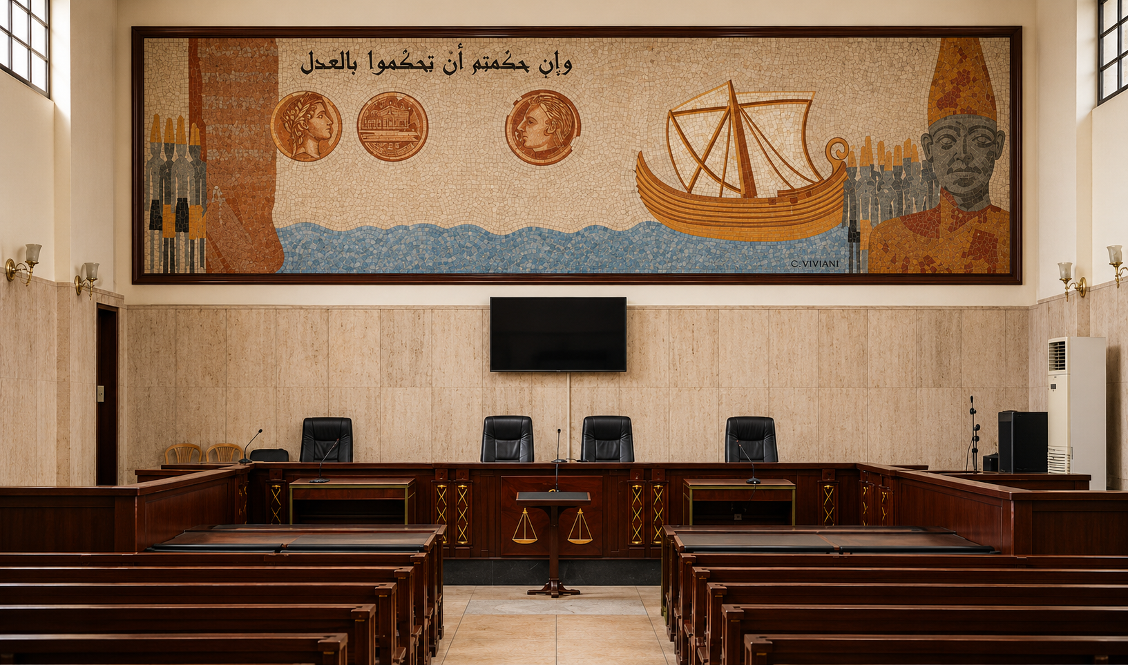قاعة محكمة لبنانية مع منصة القضاء ومقاعد خشبية وميزان العدالة ولوحة جدارية كبيرة