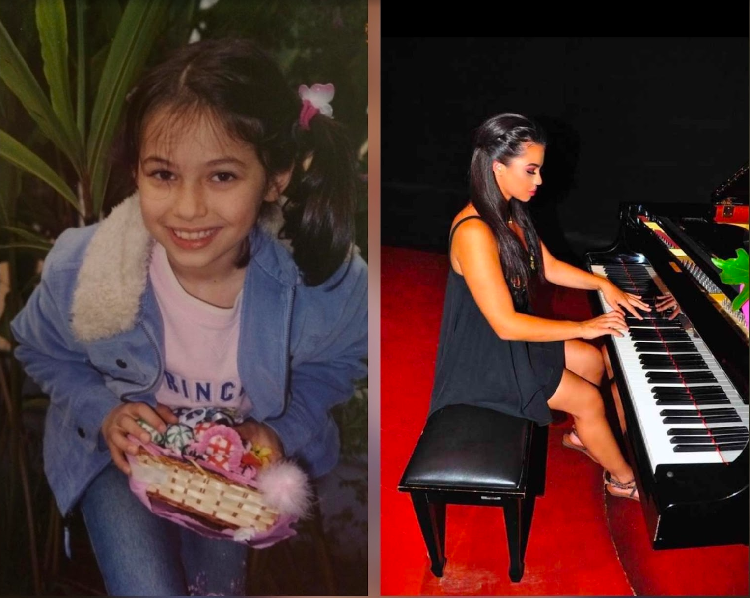 Maya Kawas, daughter of Judge Hassan Kawas, shown as a child and later playing piano
